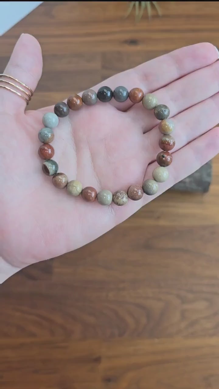 Inv - American Picture Jasper Bracelet: 8MM Crystal Jewelry | Red, Gray, Blue Polychrome for Patriotic Gifts, Veterans or 4th of July Summer