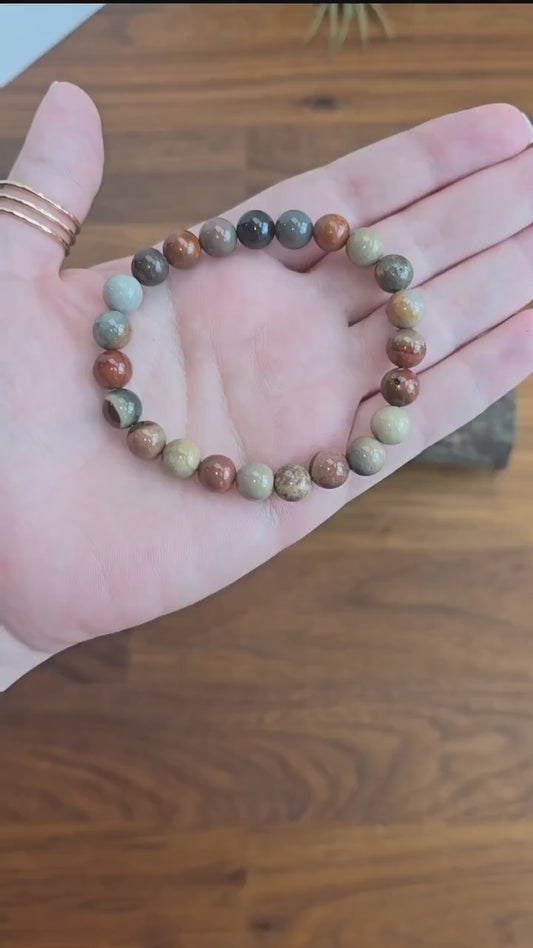 Inv - American Picture Jasper Bracelet: 8MM Crystal Jewelry | Red, Gray, Blue Polychrome for Patriotic Gifts, Veterans or 4th of July Summer