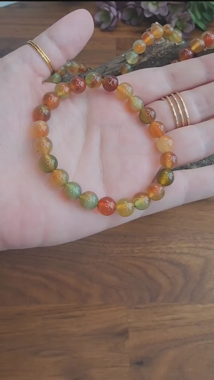 Peacock Agate Bracelet: Banded Crystal Beads, Earthy Autumn Jewelry