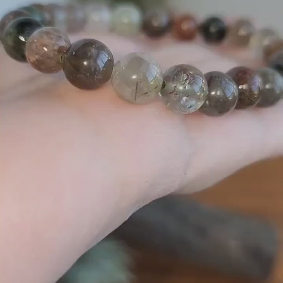 Green Routille Bracelet | 8MM Crystal Jewelry | Green & Gold Routille in Clear Quartz Matrix | Some Peachy Garden Like Inclusions | Gift