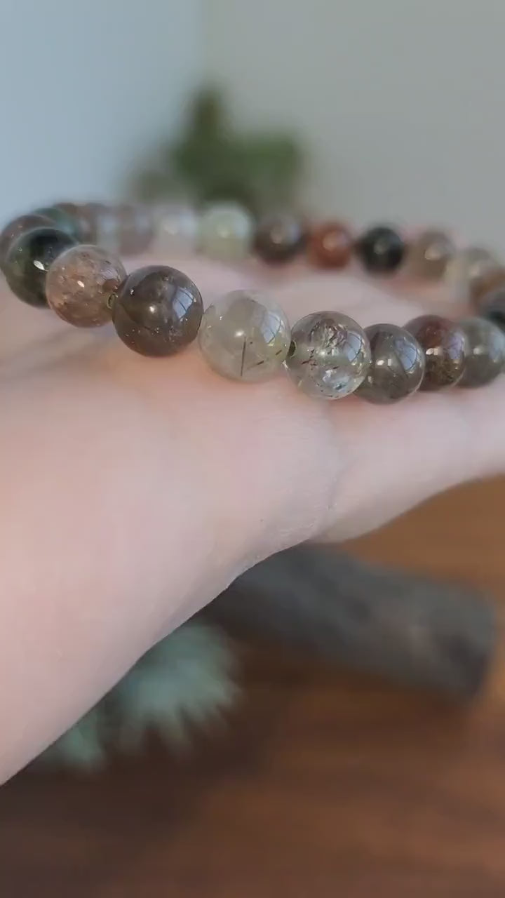 Green Routille Bracelet | 8MM Crystal Jewelry | Green & Gold Routille in Clear Quartz Matrix | Some Peachy Garden Like Inclusions | Gift