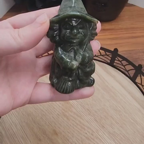 Green Jade Witch Carving: 3" Crystal Figurine with Broom