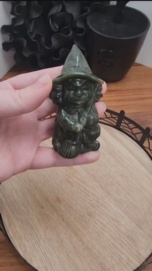 Green Jade Witch Carving: 3" Crystal Figurine with Broom
