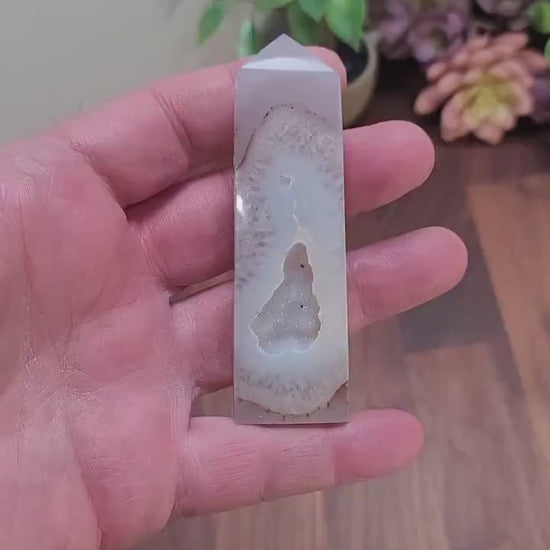 White Druzy Agate Tower | Around 4" Slim | Sparkling Quartz Pocket Point | Only 1 Available