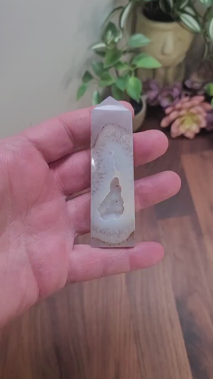 White Druzy Agate Tower | Around 4" Slim | Sparkling Quartz Pocket Point | Only 1 Available
