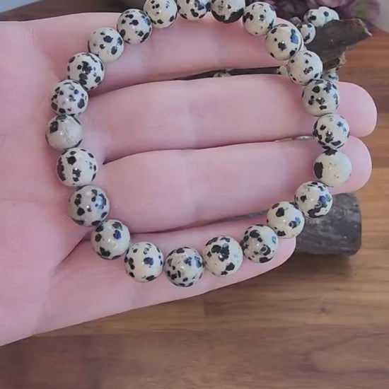 Dalmatian Jasper Bracelet: 8MM Crystal Beads | Natural Black Spots on Beige Cream Matrix | Nature's Polka Dots | Pet Rememberance Gift