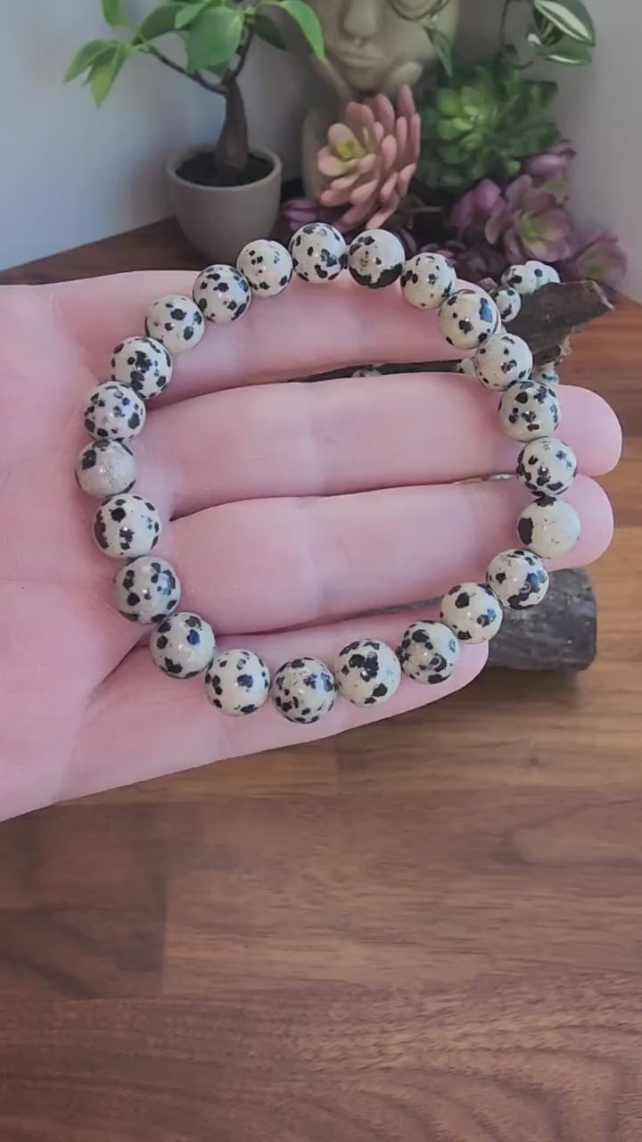 Dalmatian Jasper Bracelet: 8MM Crystal Beads | Natural Black Spots on Beige Cream Matrix | Nature's Polka Dots | Pet Rememberance Gift