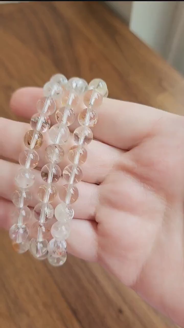 Clear Garden Quartz Bracelet: 8MM Natural Crystal Beads | Gemstones with Subtle Brown, Tan and Green Garden Inclusions