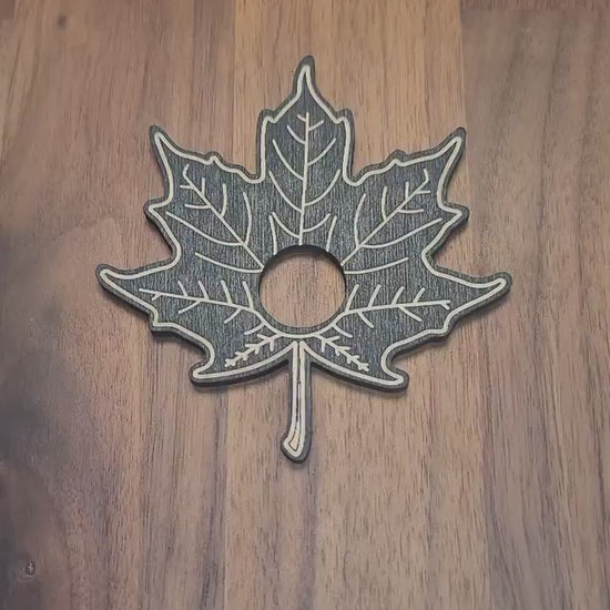 Maple Leaf Crystal Sphere Stand: Black Etched Wood Autumn Decor