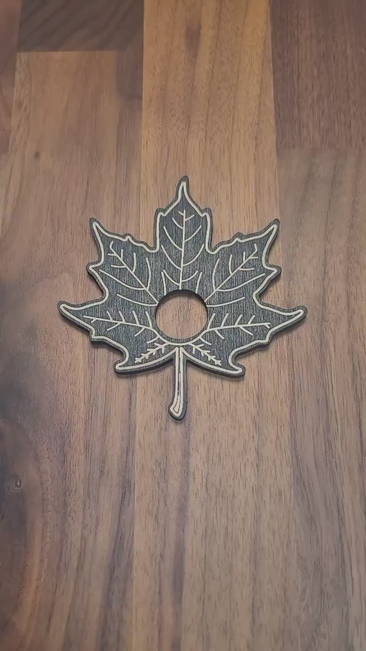 Maple Leaf Crystal Sphere Stand: Black Etched Wood Autumn Decor