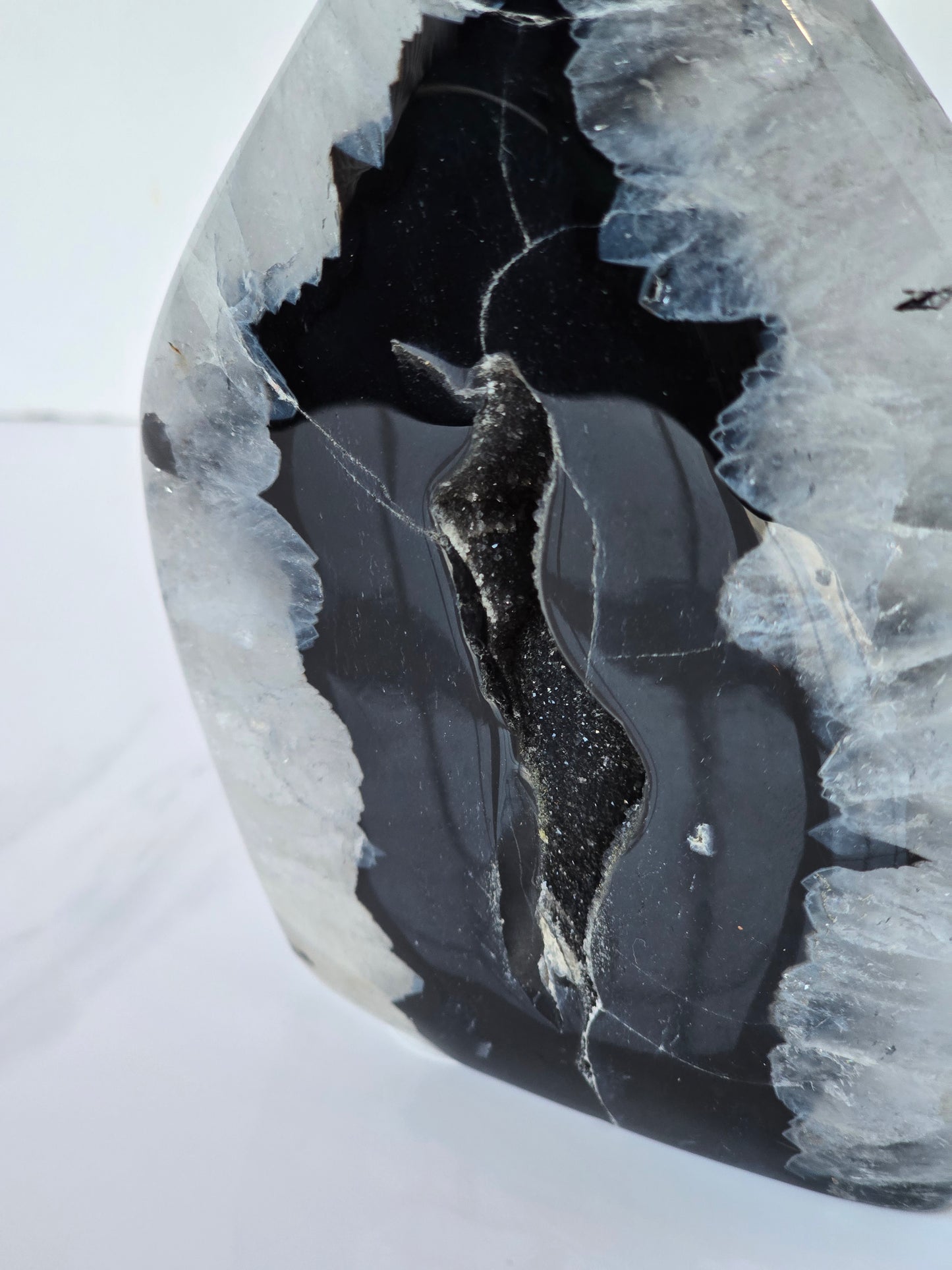 Black Banded Agate Teardrop - I with Gray Druzy Pocket