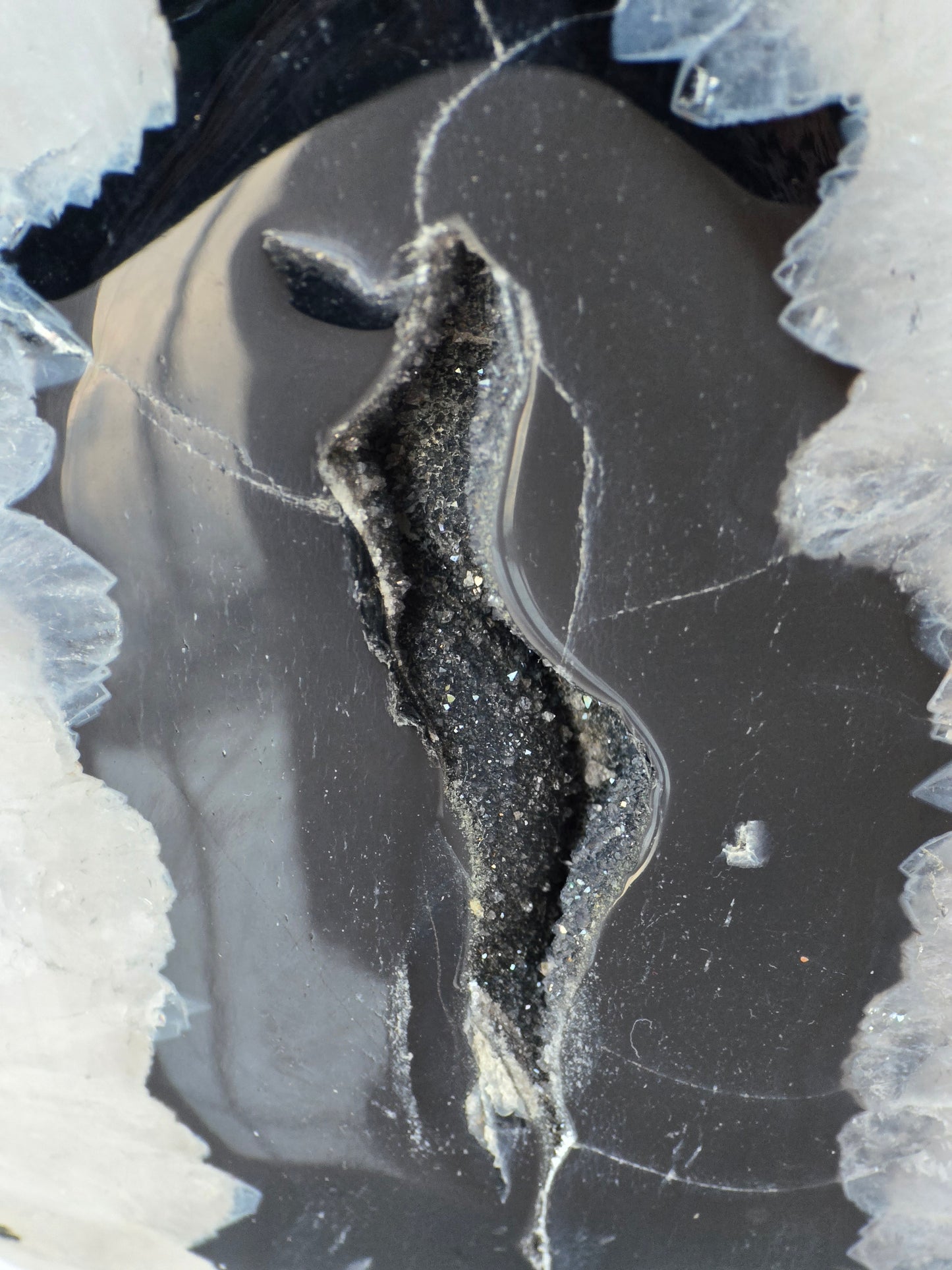 Black Banded Agate Teardrop - I with Gray Druzy Pocket