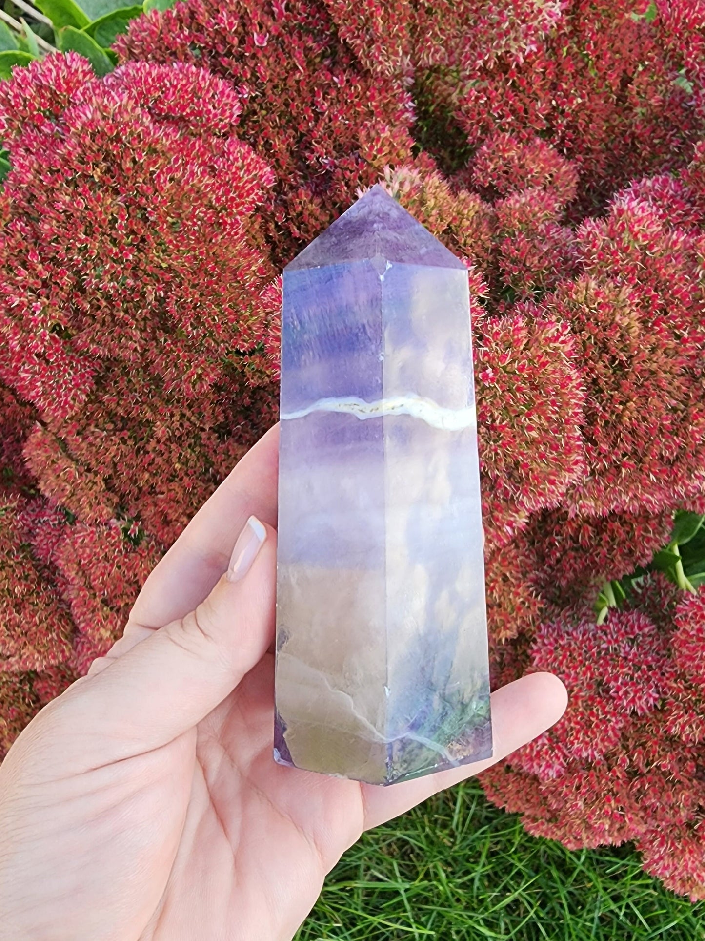 Large Rainbow Flourite Tower. Amazing White Band in the Middle with Strong Purple Coloring and Green Inclusions. (Imperfect)