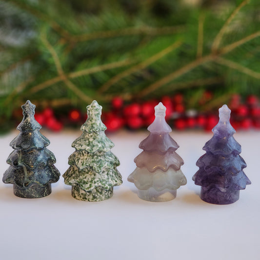 Tree Carving | Christmas Crystals | Holiday Pocket Stone | Green Spotted, Kambaba, Fluorite | Choose Your Material