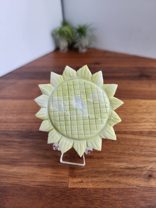 Lemon Serpetine Sunflower | Flat Laying | Happy Sunny Summer Crystals | 3D Carving | Green Yellow Crystal | Intuitively Chosen