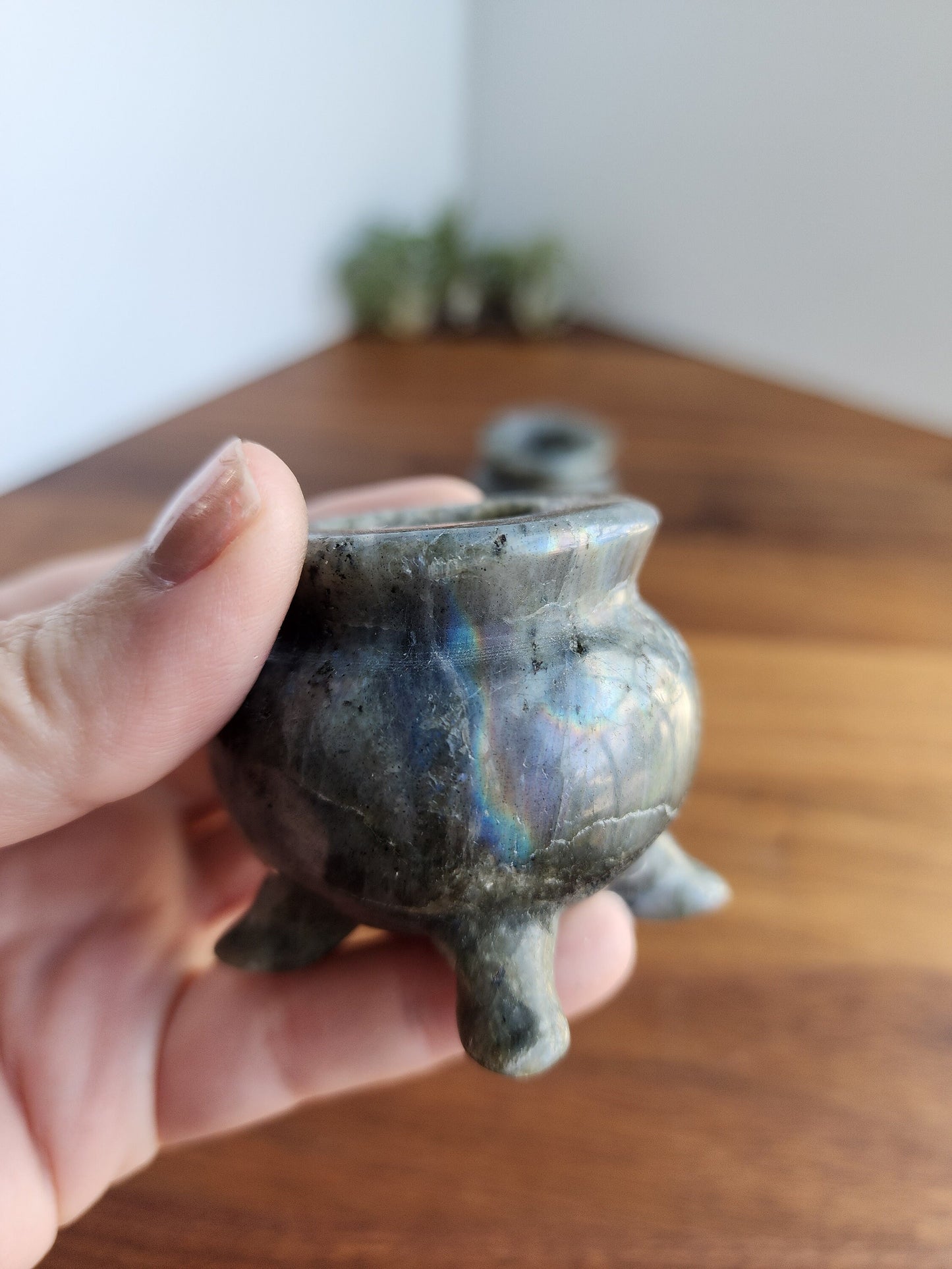 Crystal Cauldron | Labradorite Flash #1 | Spooky Season Crystals | Witchy Vibes Decor | Halloween Decorations | Witch's Altar Display