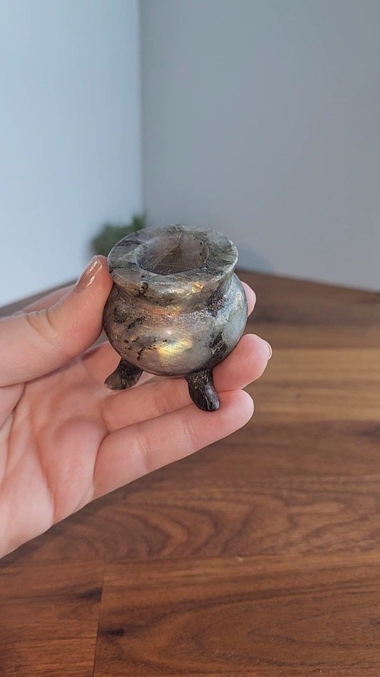 Crystal Cauldron | Labradorite Flash #2 | Spooky Season Crystals | Witchy Vibes Decor | Halloween Decorations | Witch's Altar Display