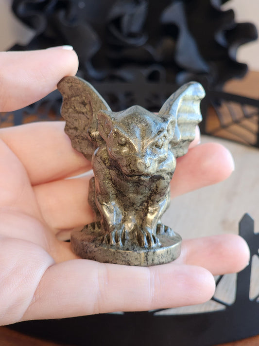 Pyrite Gargoyle | Halloween Carvings | Fools Gold | Ornamental Gothic Decor | Protection Crystal | Spooky Season | Intuitively Chosen