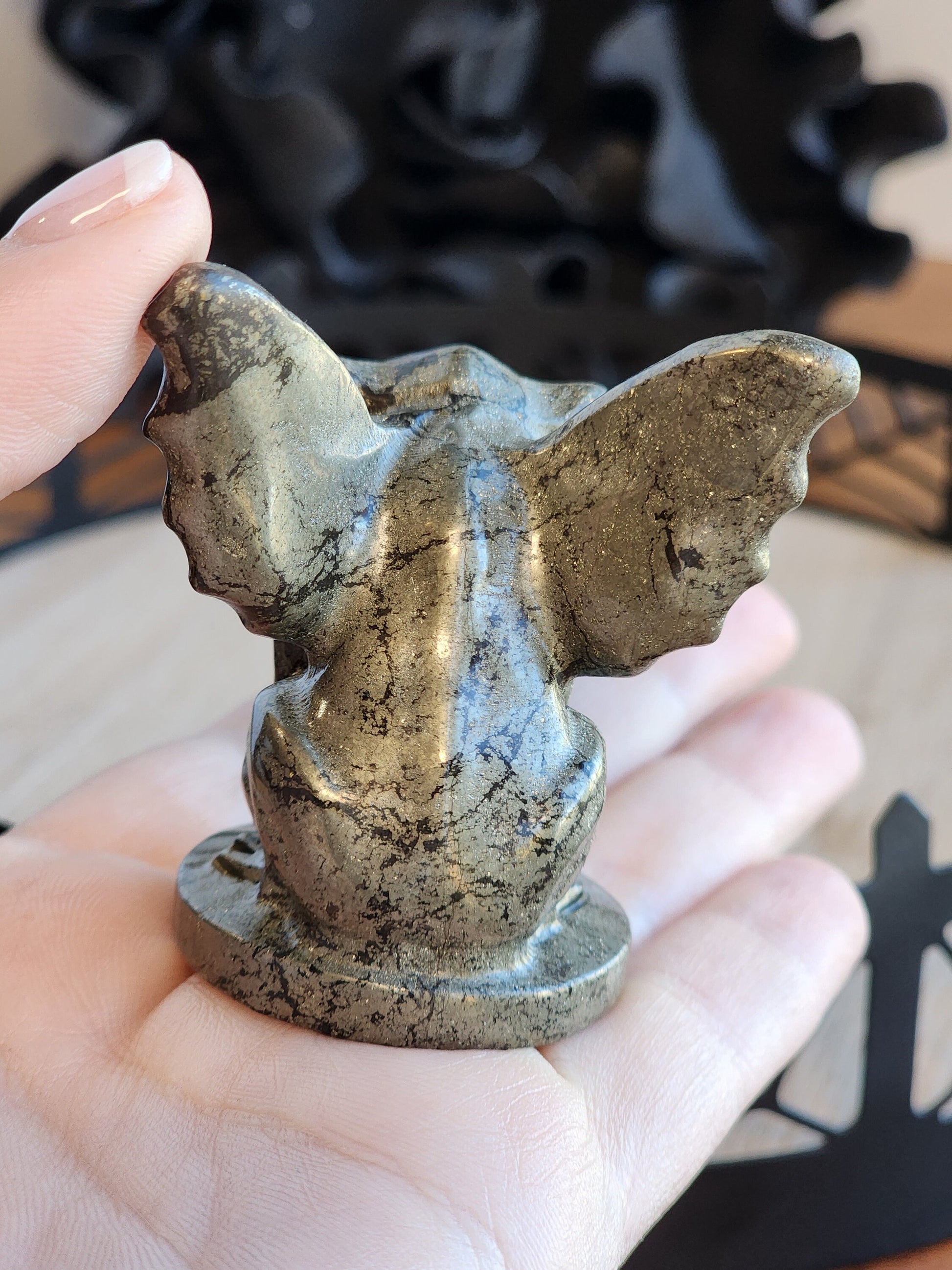 Pyrite Gargoyle | Halloween Carvings | Fools Gold | Ornamental Gothic Decor | Protection Crystal | Spooky Season | Intuitively Chosen