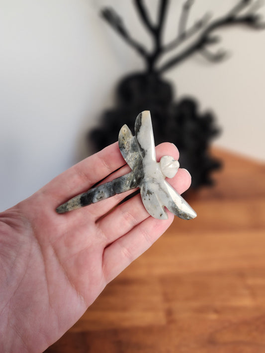 Crystal Dragonfly | Pyrite in Quartz | Gray, White, Black Carving | Halloween Crystals | Gothcore | Spooky Season | Only 1 Available
