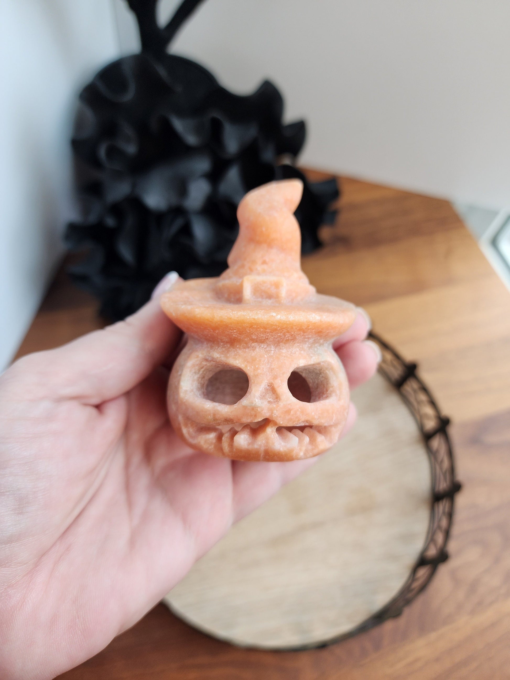 Personal Collection | Large Orange Orchid Calcite Pumpkin | Halloween Crystals | Scary Face | Witch Hat | Spooky Season