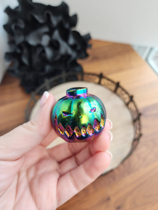 Aura Crystal Pumpkin | Rainbow Halloween Crystal | Spooky Season | Mahogany Obsidian with Aura Coating | Only One Available