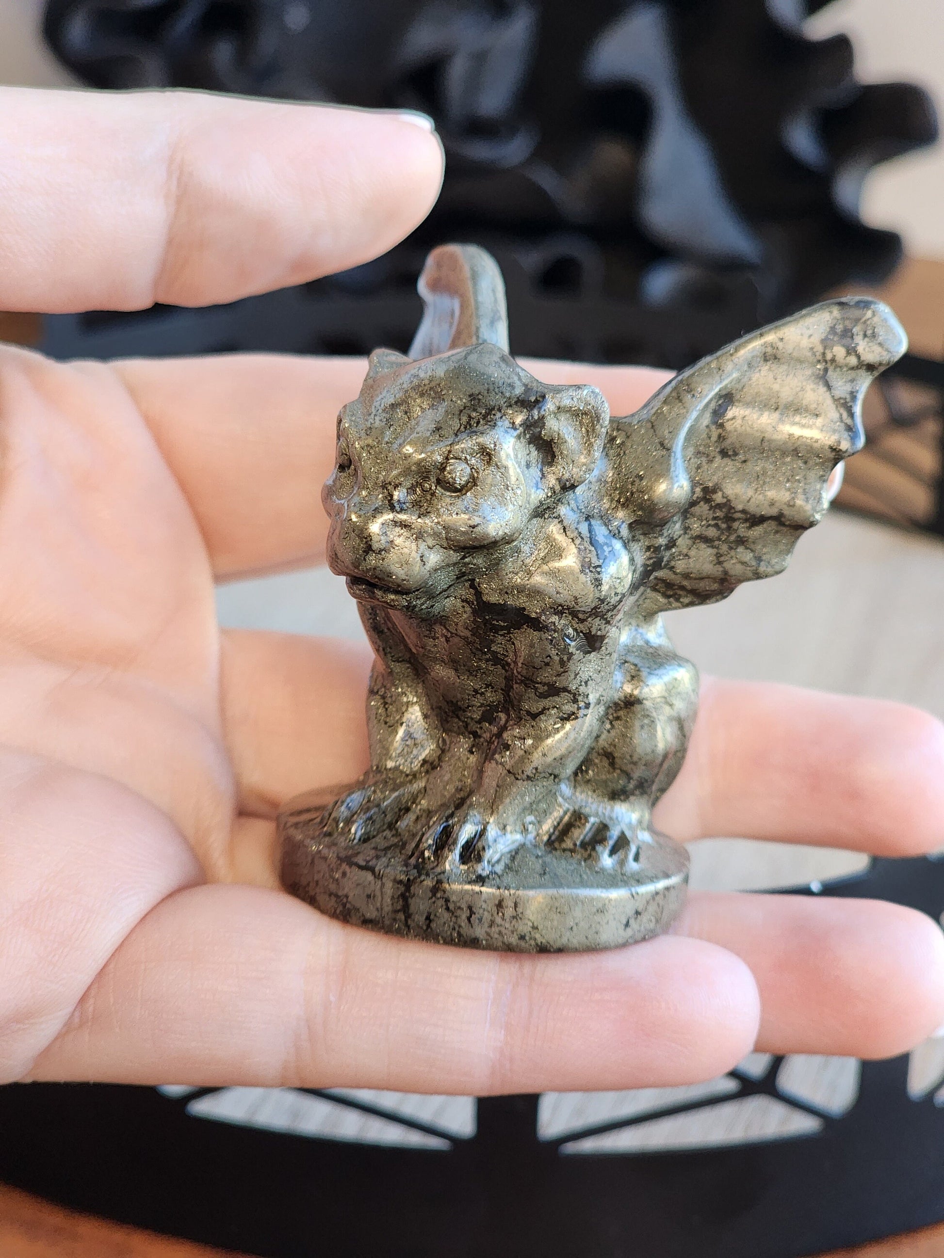 Pyrite Gargoyle | Halloween Carvings | Fools Gold | Ornamental Gothic Decor | Protection Crystal | Spooky Season | Intuitively Chosen