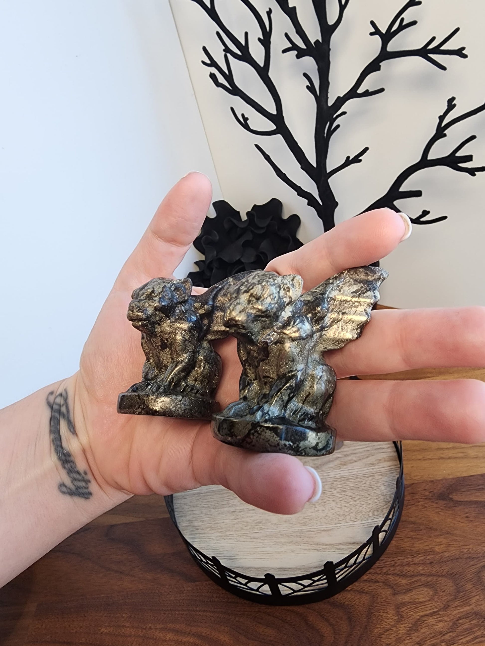 Pyrite Gargoyle | Halloween Carvings | Fools Gold | Ornamental Gothic Decor | Protection Crystal | Spooky Season | Intuitively Chosen