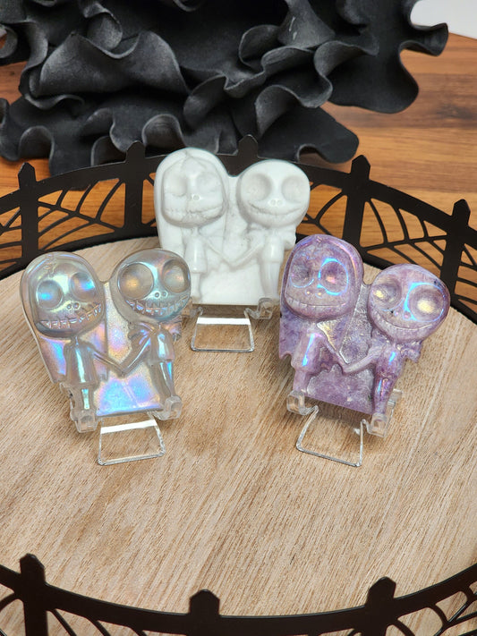 Nightmare Couple | Crystal Skeleton Couples Gift | Aura Coated Lepidolite, Clear Quartz, Howlite | Jack | Sally | Christmas King