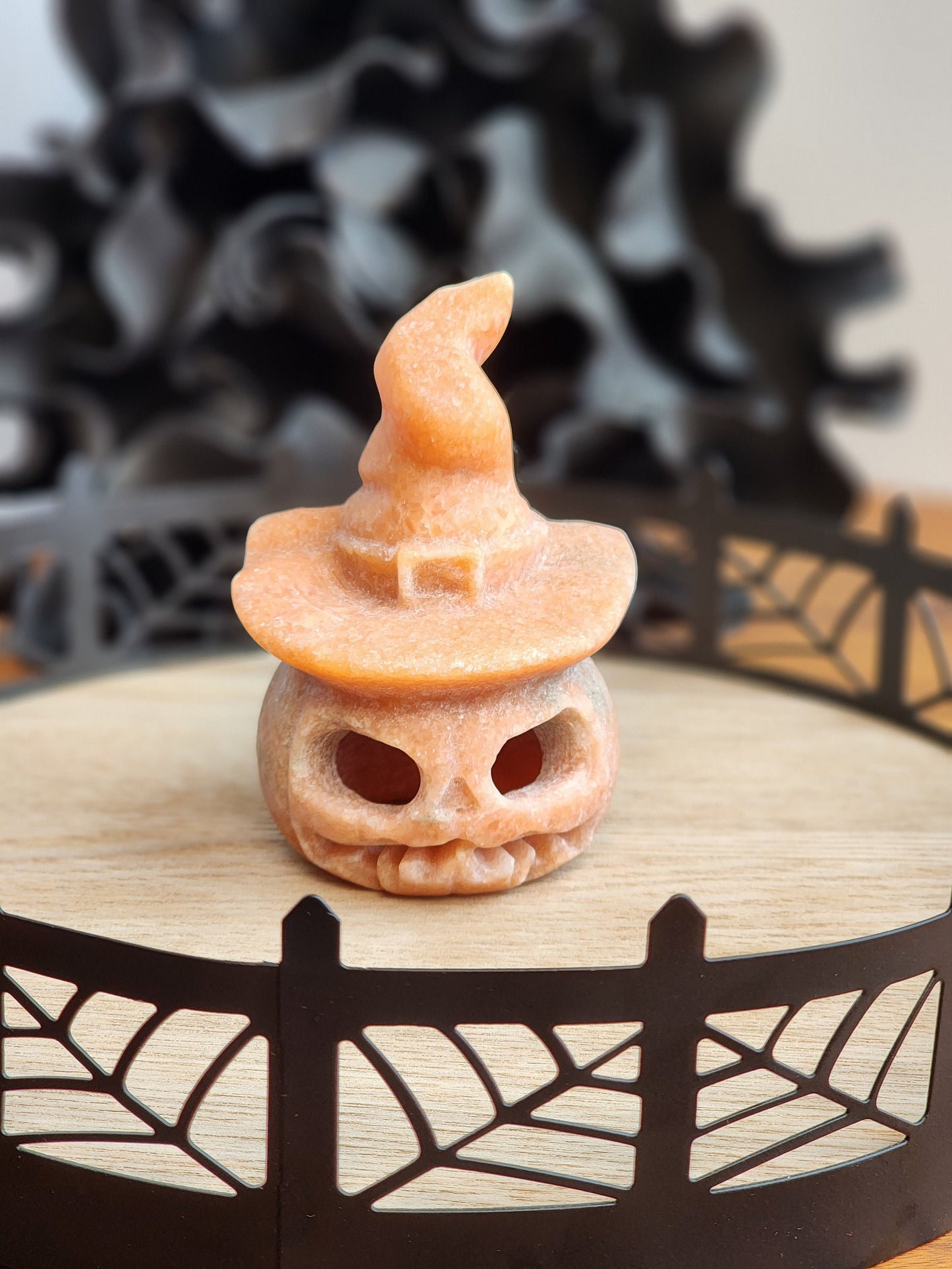 Personal Collection | Large Orange Orchid Calcite Pumpkin | Halloween Crystals | Scary Face | Witch Hat | Spooky Season