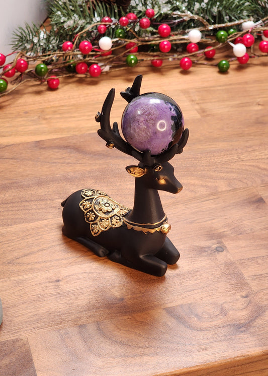 Gorgeous Deer Sphere Stand | Black Resin Crystal Holder | Winter Stag | Reindeer with Gold Details | Crystal Ball Display | Christmas Decor